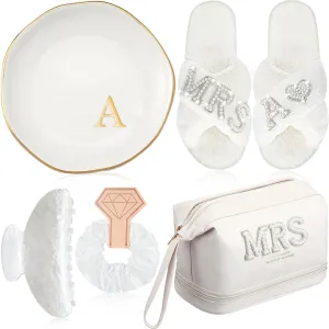 Personalized Initial Bridal Mrs Wedding Slippers Bride Wedding Ceramic Jewelry Tray Mrs White Pearl Letter Makeup Bag Claw Hair Clip Bridal Hair Tie for Women(Letter A)