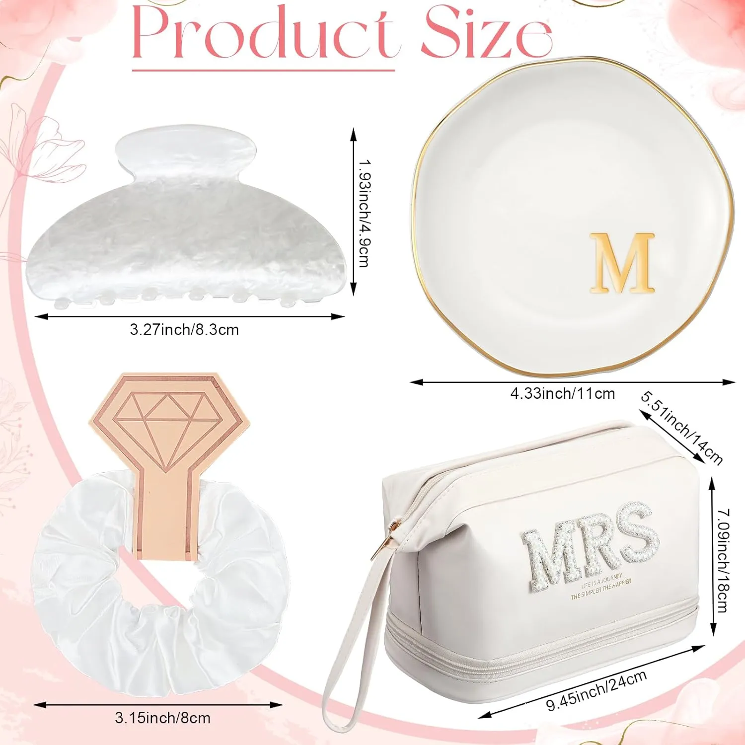 Personalized Initial Bridal Mrs Wedding Slippers Bride Wedding Ceramic Jewelry Tray Mrs White Pearl Letter Makeup Bag Claw Hair Clip Bridal Hair Tie for Women(Letter M)