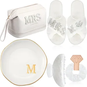 Personalized Initial Bridal Mrs Wedding Slippers Bride Wedding Ceramic Jewelry Tray Mrs White Pearl Letter Makeup Bag Claw Hair Clip Bridal Hair Tie for Women(Letter M)