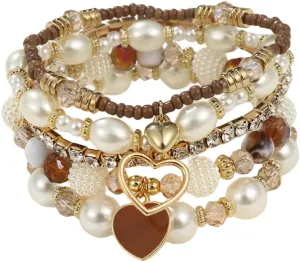 Pingyongchang Bohemian Stackable Beaded Bracelets Set for Women Multicolor Stretch Faux Pearl Heart Crystal Stretchy Bangles Multilayered Handmade Friendship Holiday Beach Jewelry Mother's Day Gifts