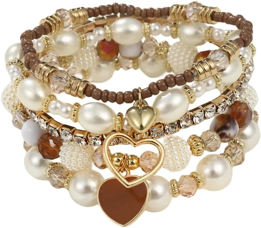Pingyongchang Bohemian Stackable Beaded Bracelets Set for Women Multicolor Stretch Faux Pearl Heart Crystal Stretchy Bangles Multilayered Handmade Friendship Holiday Beach Jewelry Mother's Day Gifts