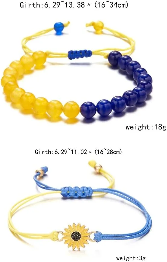 Pingyongchang Ukraine Flag Bracelet with Natural Crystal Bracelet Adjustable Bangles Set Ukrainian Yellow Blue Bracelet Hand Braided Bracelet for Men Women Kids Unisex