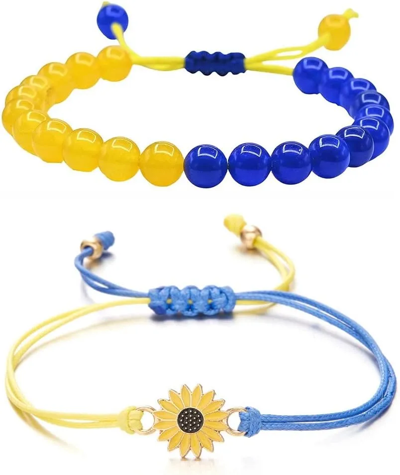 Pingyongchang Ukraine Flag Bracelet with Natural Crystal Bracelet Adjustable Bangles Set Ukrainian Yellow Blue Bracelet Hand Braided Bracelet for Men Women Kids Unisex