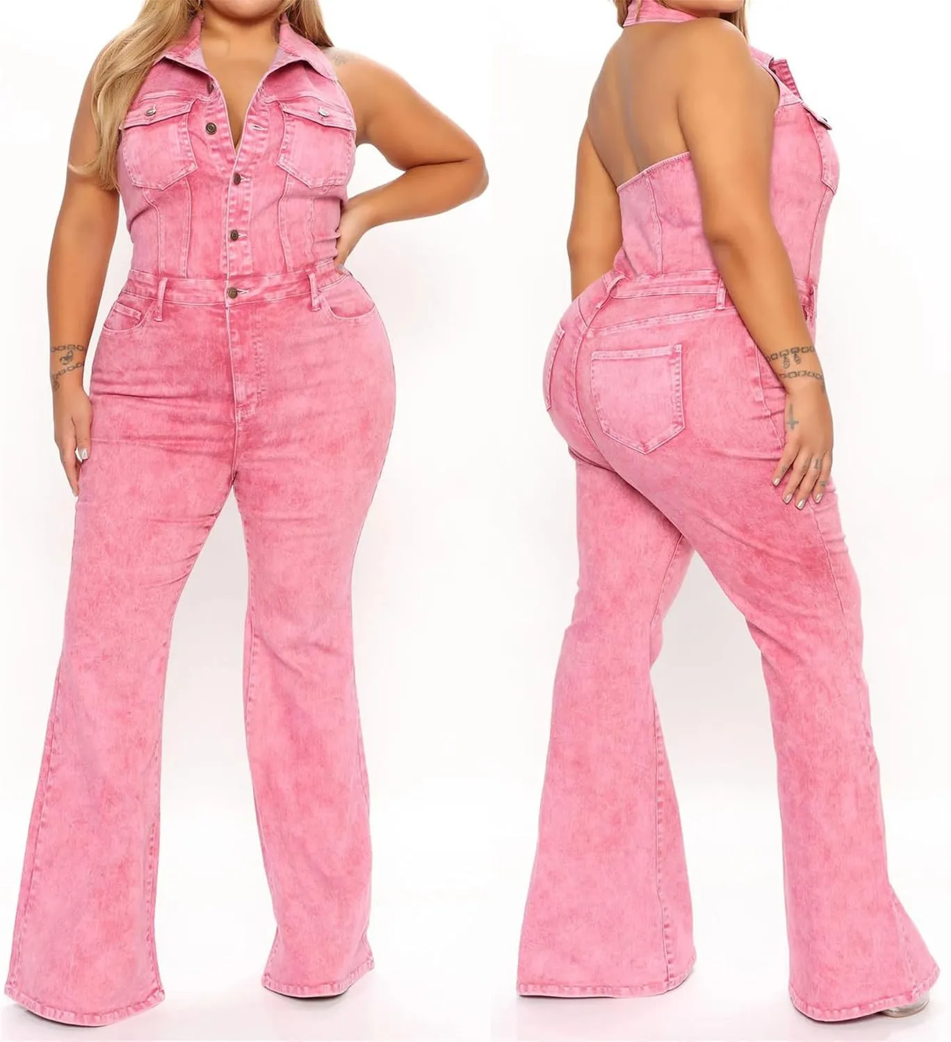 Pink Denim Jumpsuit Women's Sexy Backless Denim Jumpsuit Women Casual Cargo Denim Jumpsuit Multiple Pockets