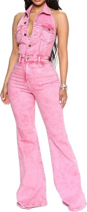 Pink Denim Jumpsuit Women's Sexy Backless Denim Jumpsuit Women Casual Cargo Denim Jumpsuit Multiple Pockets
