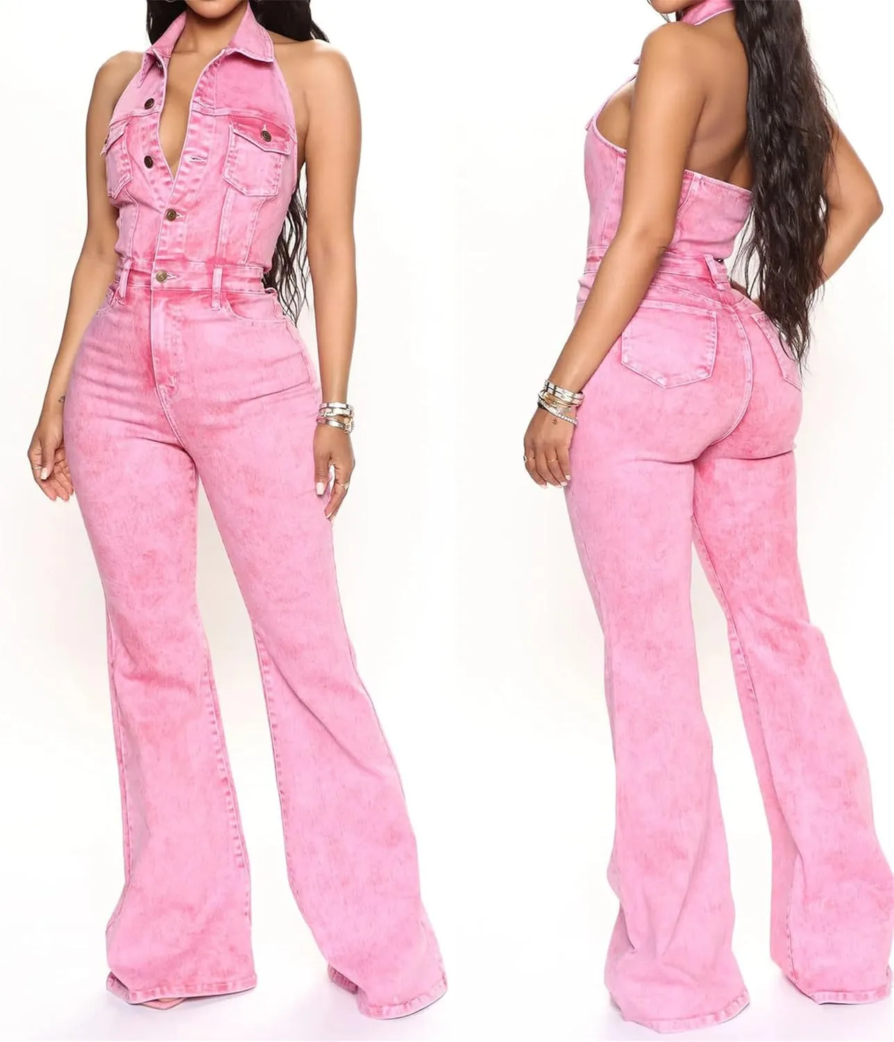 Pink Denim Jumpsuit Women's Sexy Backless Denim Jumpsuit Women Casual Cargo Denim Jumpsuit Multiple Pockets