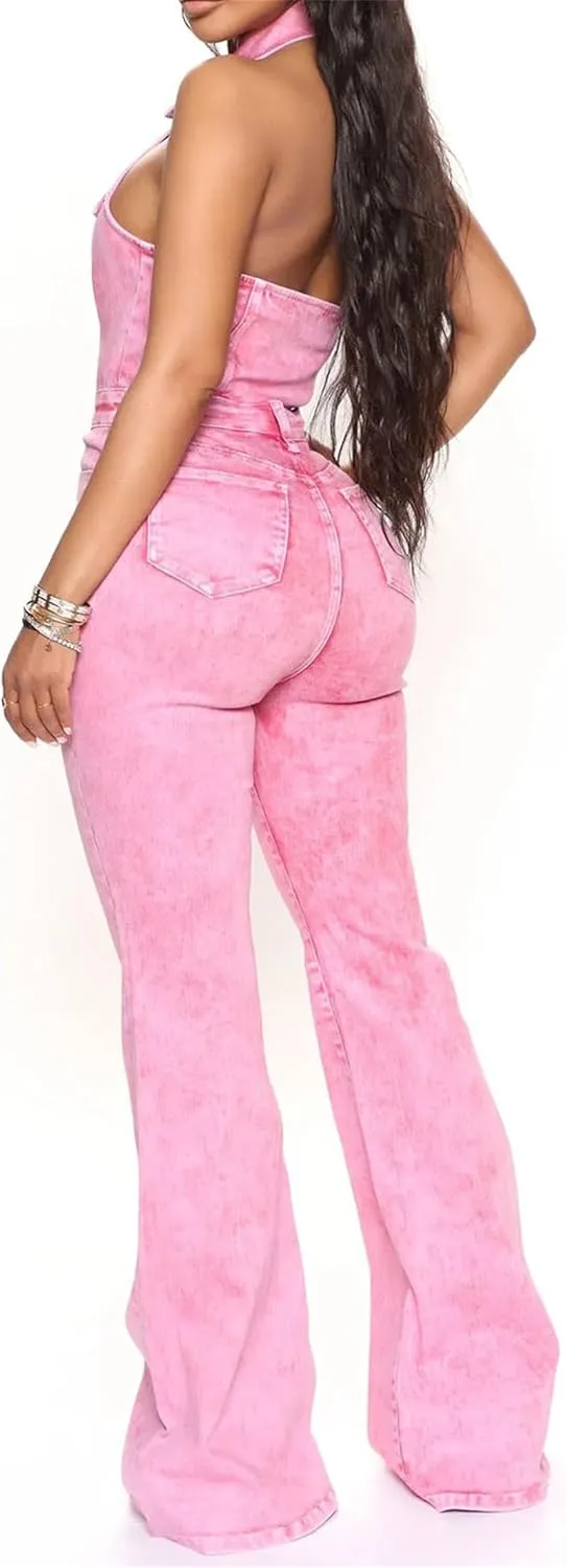 Pink Denim Jumpsuit Women's Sexy Backless Denim Jumpsuit Women Casual Cargo Denim Jumpsuit Multiple Pockets
