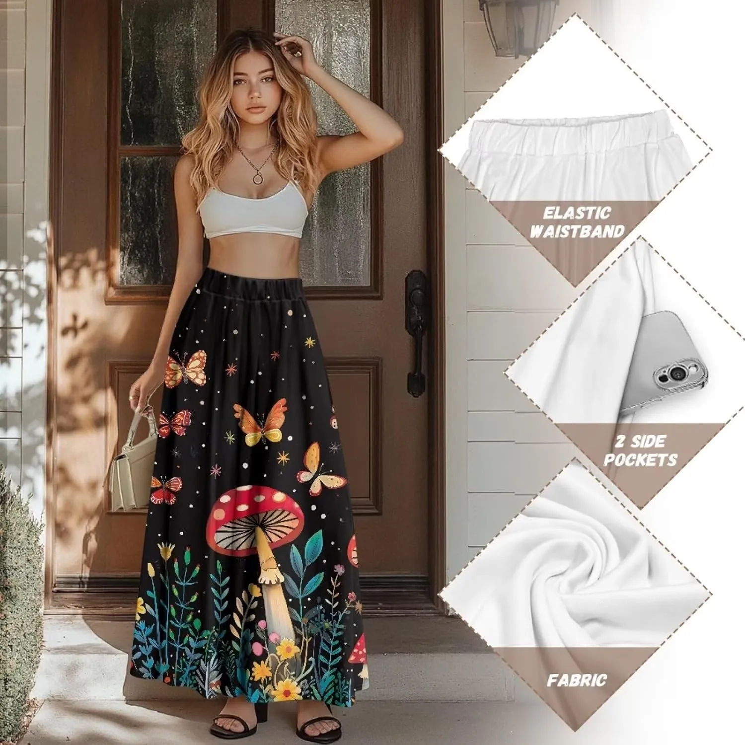 Pleated Midi Skirts for Women with Pockets Elastic High Waisted Skirt Plus Size Womens Summer Skirts