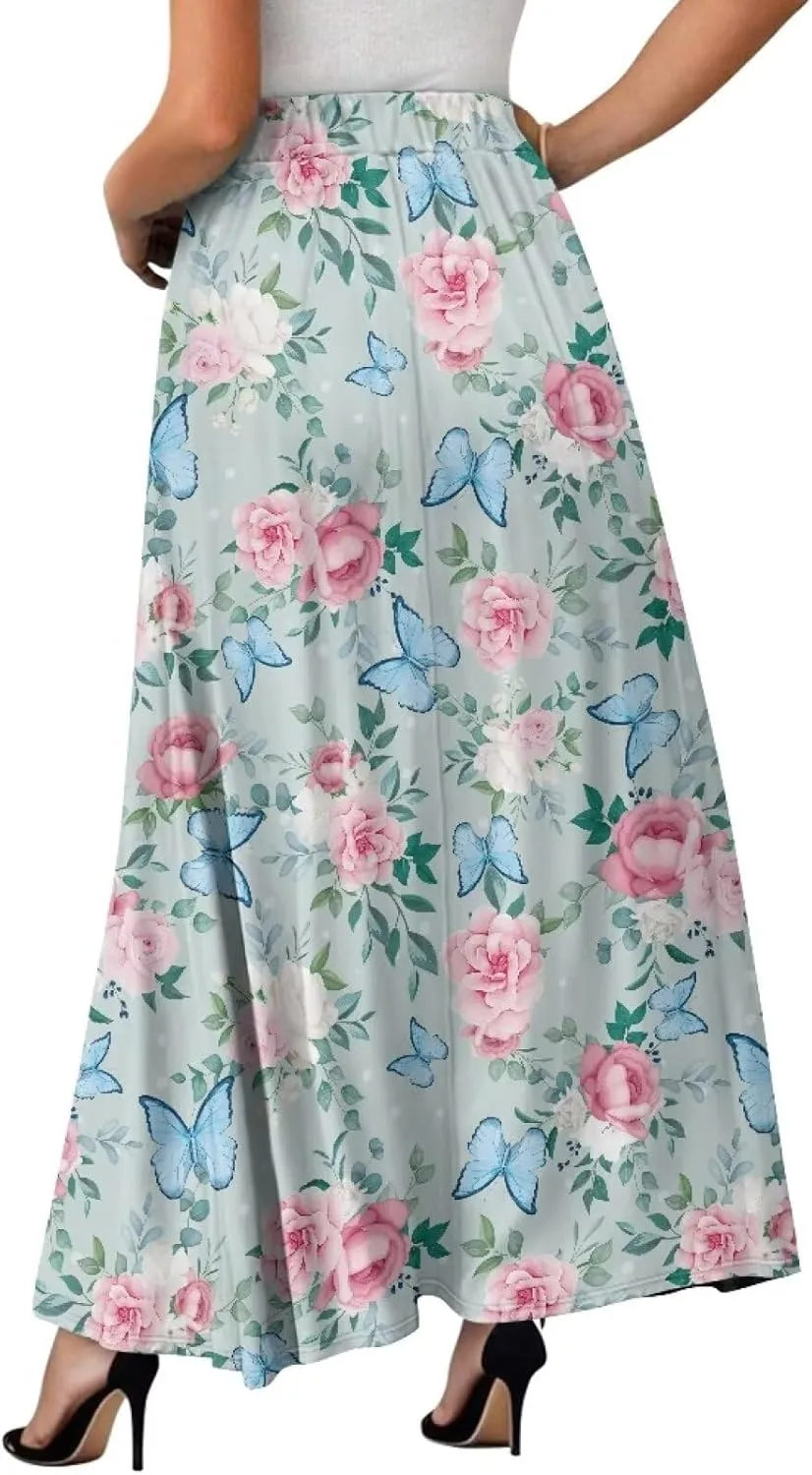 Pleated Midi Skirts for Women with Pockets Elastic High Waisted Skirt Plus Size Womens Summer Skirts