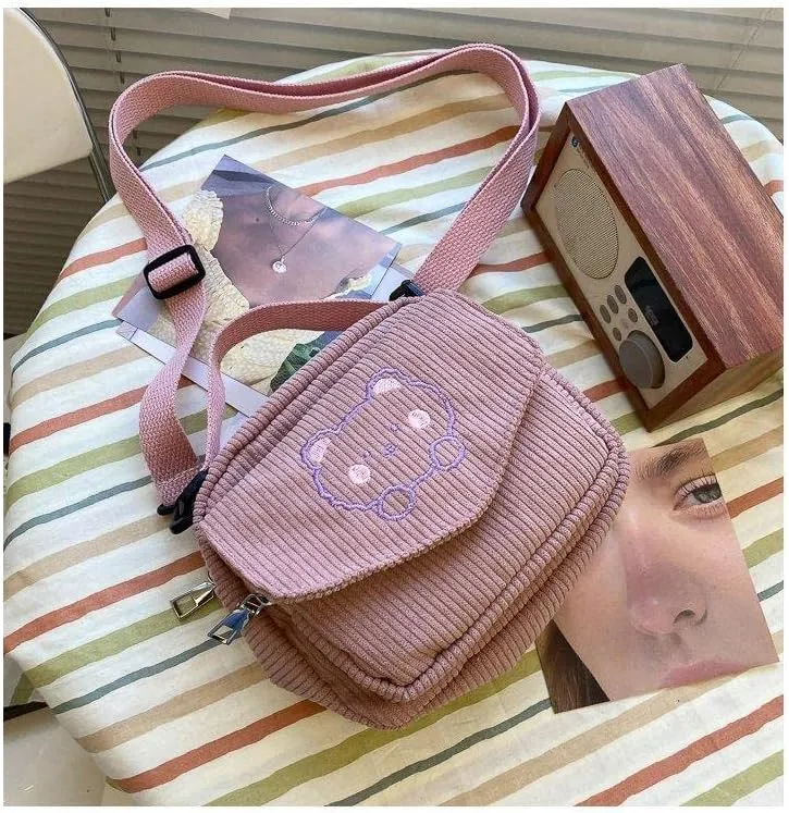 Pooyikoi Women Canvas Zipper Bag Student Tote Shoulder Messenger Bag Small Corduroy Bag Satchel Travel Purse Handbag (Pink)