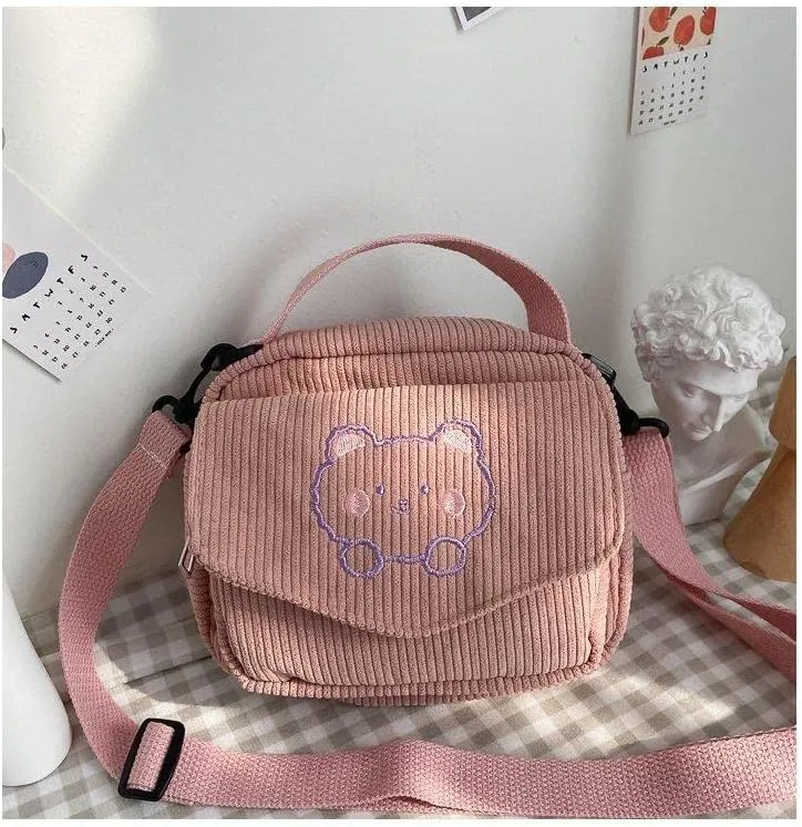 Pooyikoi Women Canvas Zipper Bag Student Tote Shoulder Messenger Bag Small Corduroy Bag Satchel Travel Purse Handbag (Pink)