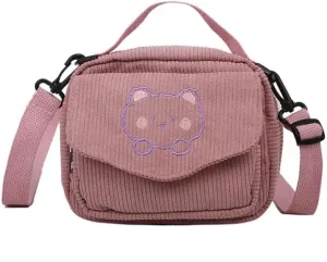 Pooyikoi Women Canvas Zipper Bag Student Tote Shoulder Messenger Bag Small Corduroy Bag Satchel Travel Purse Handbag (Pink)