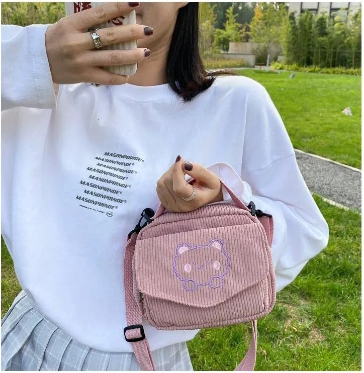 Pooyikoi Women Canvas Zipper Bag Student Tote Shoulder Messenger Bag Small Corduroy Bag Satchel Travel Purse Handbag (Pink)