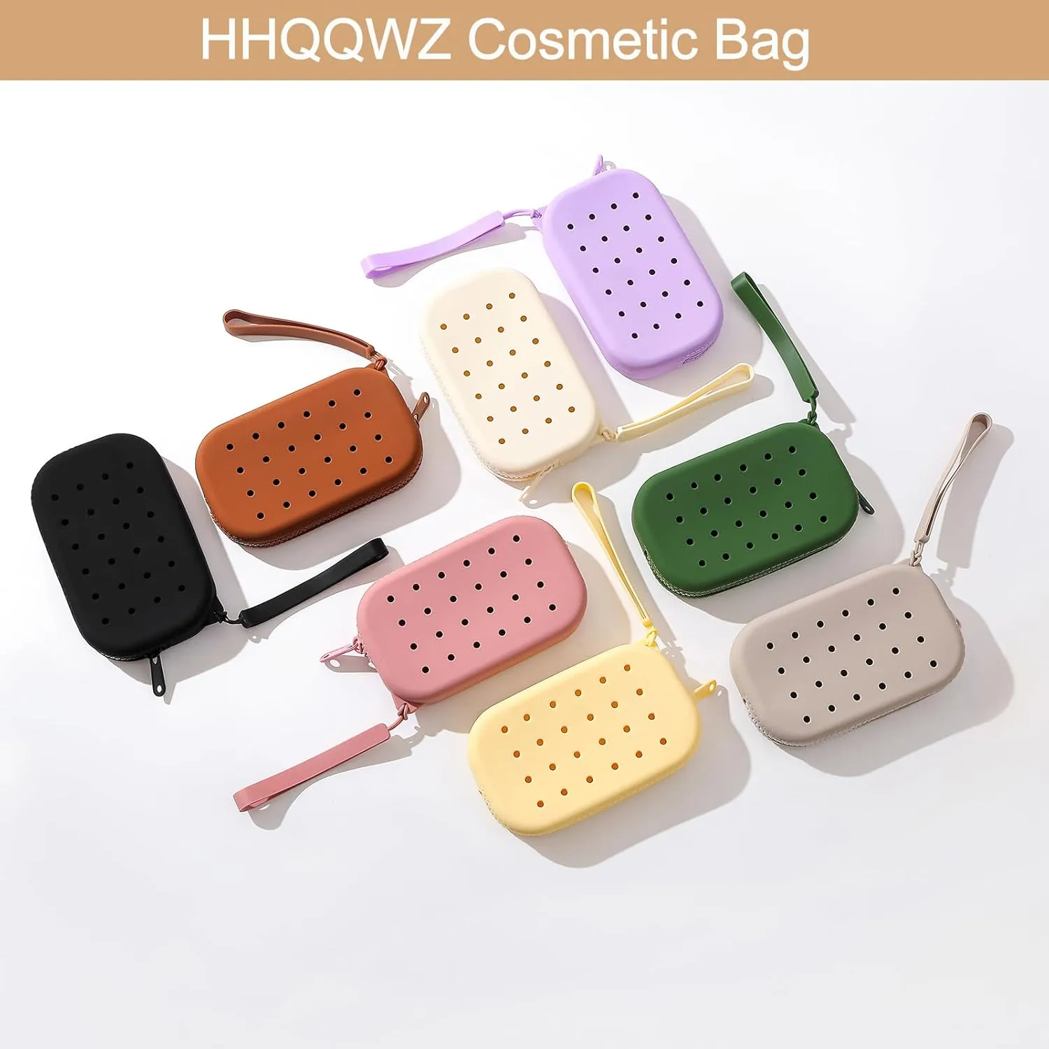 Portable Silicone Makeup Bag for Women, Small Travel Toiletry Cosmetic Bag with Decorative Holes, Zipper Closure Organizer Makeup Case with Handle (Grey)