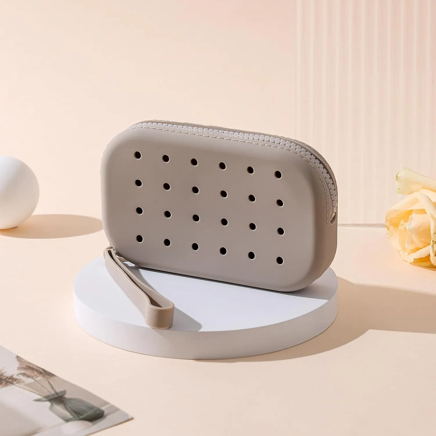 Portable Silicone Makeup Bag for Women, Small Travel Toiletry Cosmetic Bag with Decorative Holes, Zipper Closure Organizer Makeup Case with Handle (Grey)