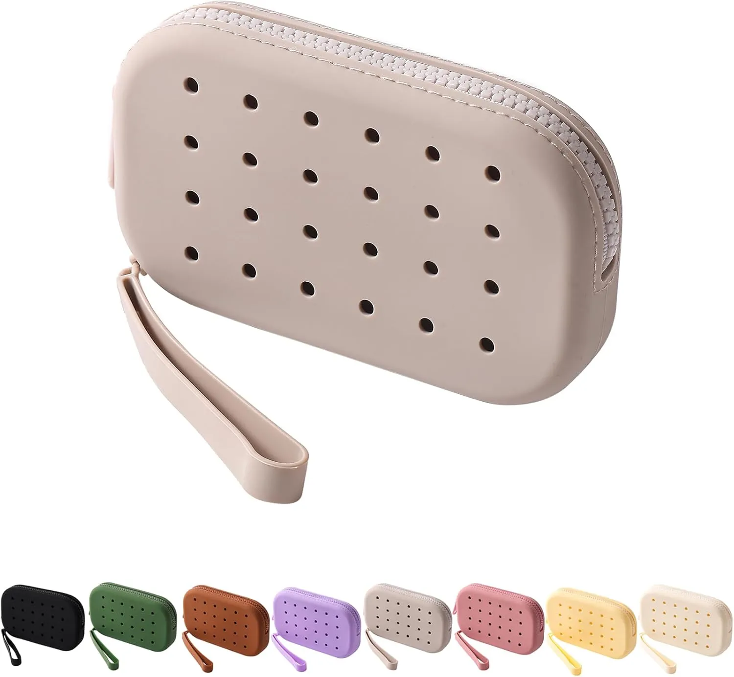 Portable Silicone Makeup Bag for Women, Small Travel Toiletry Cosmetic Bag with Decorative Holes, Zipper Closure Organizer Makeup Case with Handle (Grey)