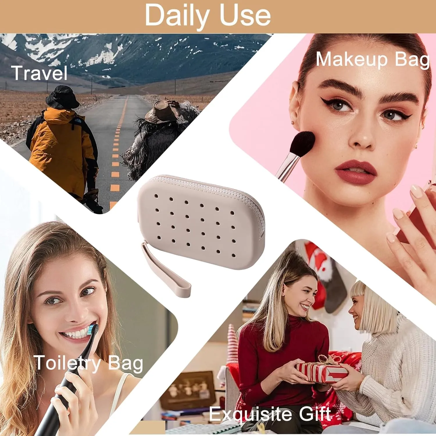 Portable Silicone Makeup Bag for Women, Small Travel Toiletry Cosmetic Bag with Decorative Holes, Zipper Closure Organizer Makeup Case with Handle (Grey)