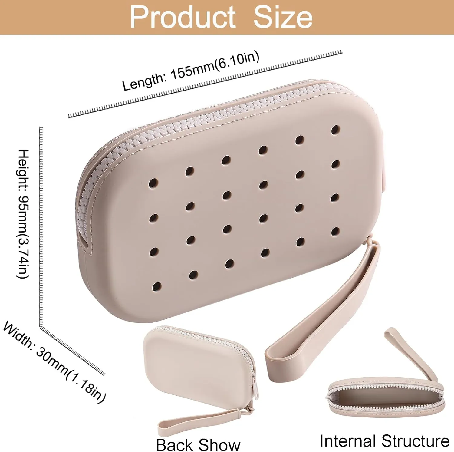 Portable Silicone Makeup Bag for Women, Small Travel Toiletry Cosmetic Bag with Decorative Holes, Zipper Closure Organizer Makeup Case with Handle (Grey)