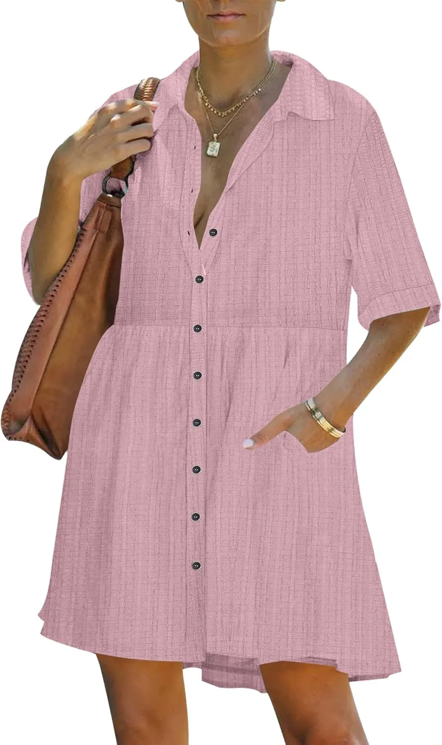 PYGFEMR Women's Short Sleeve Babydoll Dress Button Down Dresses with Pockets