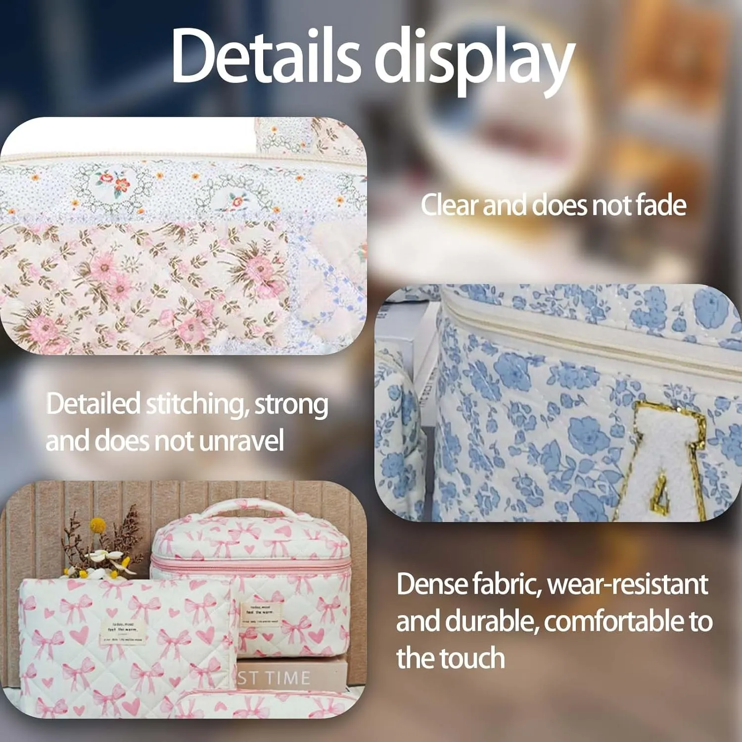 Quilted Makeup Bag Set - 3 PCS Cute Floral Cotton Makeup Bag Birthday Gifts for Teen Girls Women, Floral Make up Bag Travel Toiletry Bag,Day Gift for Mom Daughter Friend(Purple