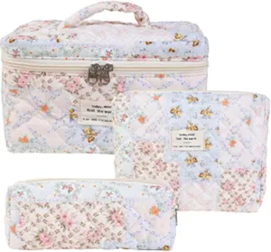 Quilted Makeup Bag Set - 3 PCS Cute Floral Cotton Makeup Bag Birthday Gifts for Teen Girls Women, Floral Make up Bag Travel Toiletry Bag,Day Gift for Mom Daughter Friend(Purple