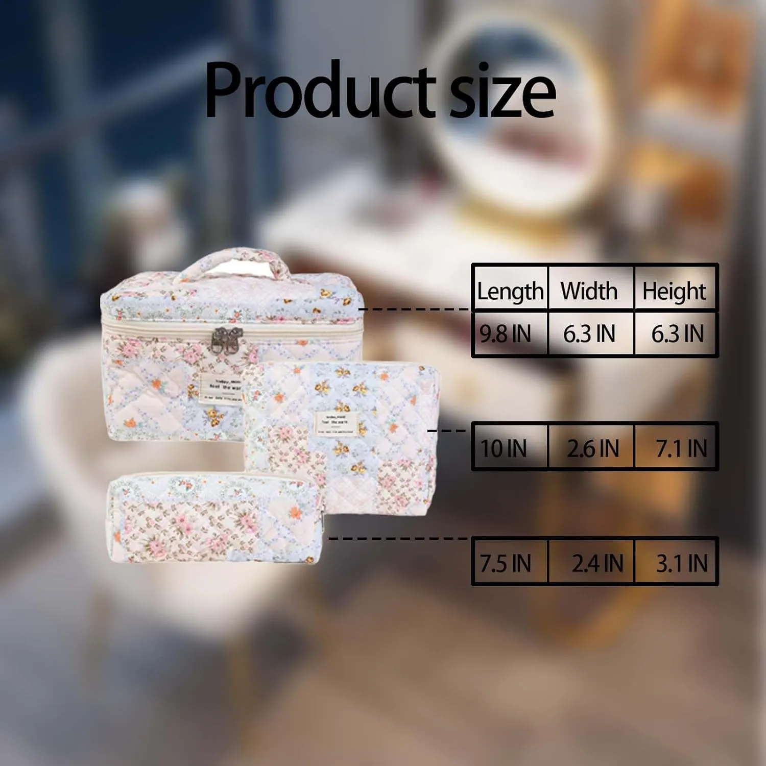 Quilted Makeup Bag Set - 3 PCS Cute Floral Cotton Makeup Bag Birthday Gifts for Teen Girls Women, Floral Make up Bag Travel Toiletry Bag,Day Gift for Mom Daughter Friend(Purple