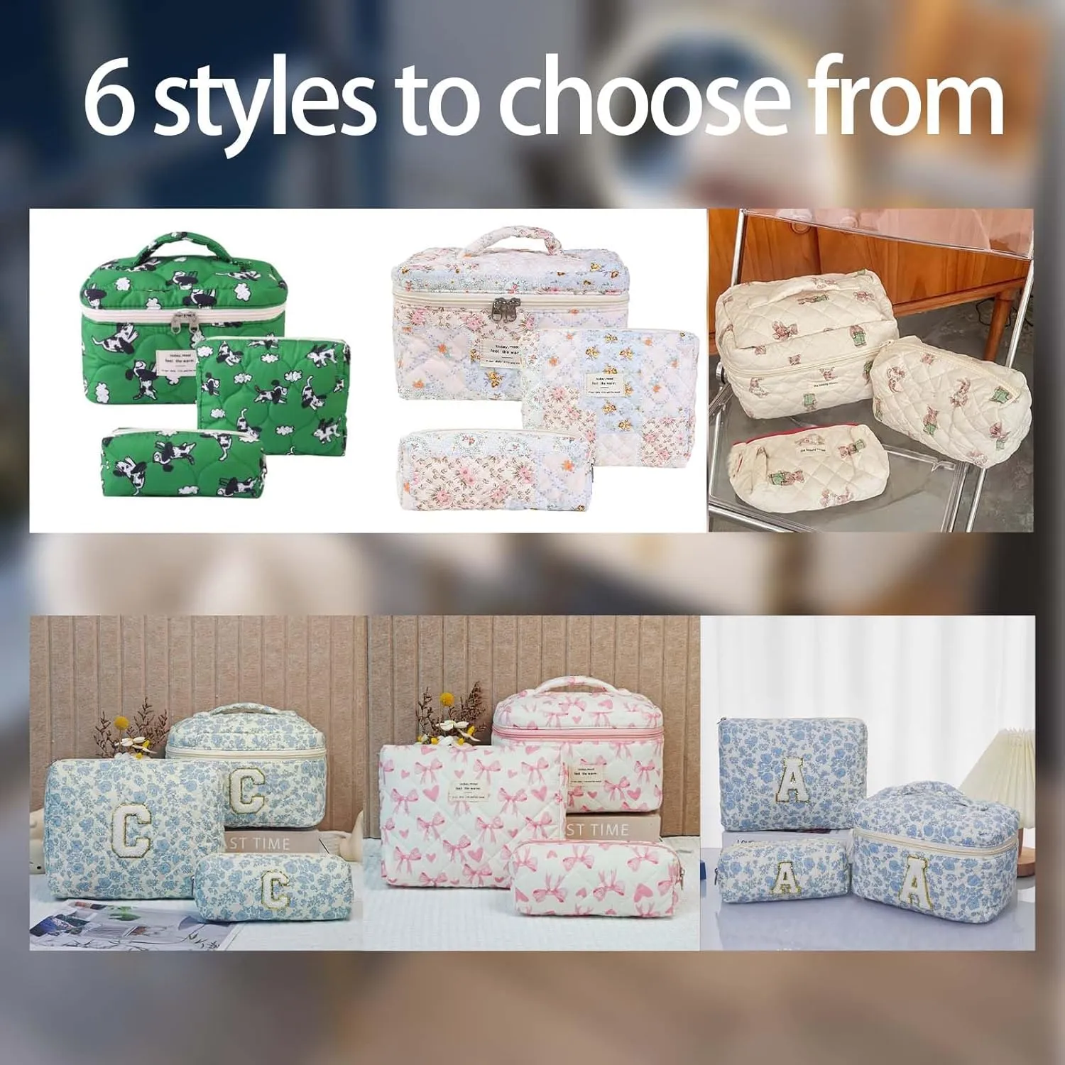 Quilted Makeup Bag Set - 3 PCS Cute Floral Cotton Makeup Bag Birthday Gifts for Teen Girls Women, Floral Make up Bag Travel Toiletry Bag,Day Gift for Mom Daughter Friend(Purple