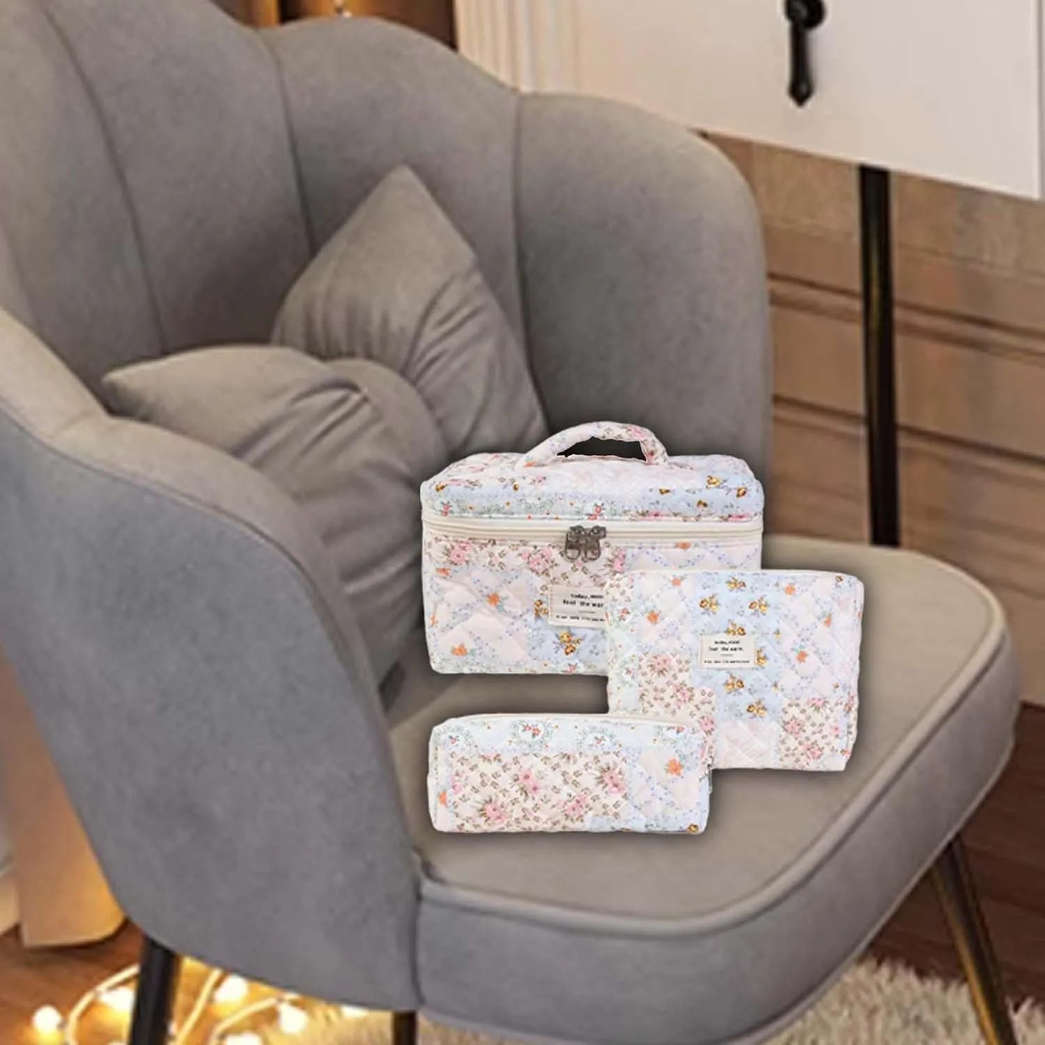 Quilted Makeup Bag Set - 3 PCS Cute Floral Cotton Makeup Bag Birthday Gifts for Teen Girls Women, Floral Make up Bag Travel Toiletry Bag,Day Gift for Mom Daughter Friend(Purple
