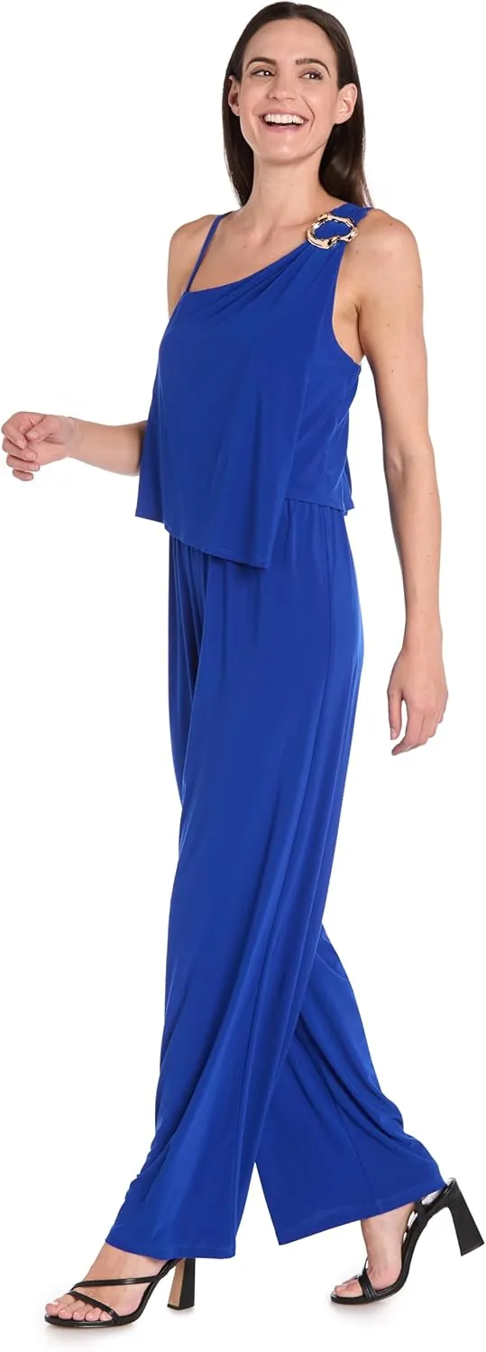 R&M Richards Elegant One-Shoulder Stretch Jumpsuit W/Gold Accent & Asymmetrical Top Detail - Wide Leg Fit