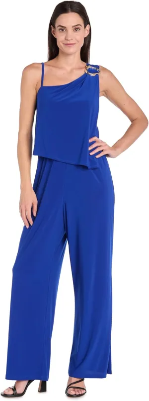 R&M Richards Elegant One-Shoulder Stretch Jumpsuit W/Gold Accent & Asymmetrical Top Detail - Wide Leg Fit