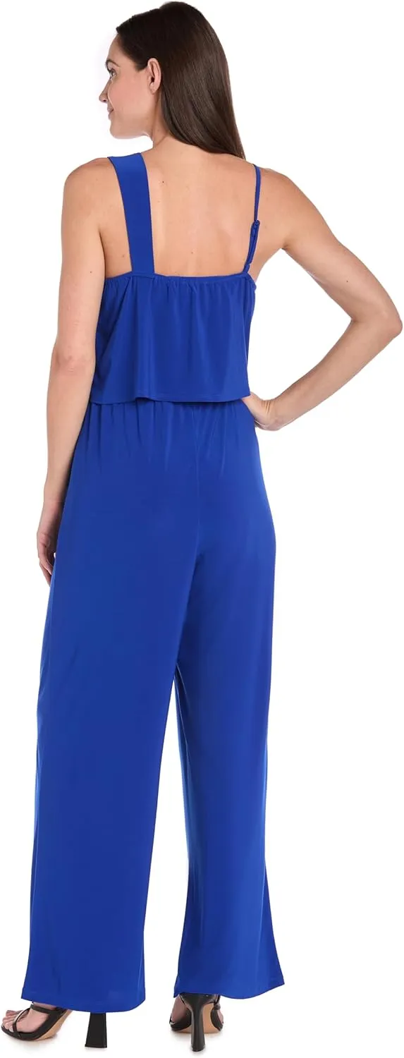 R&M Richards Elegant One-Shoulder Stretch Jumpsuit W/Gold Accent & Asymmetrical Top Detail - Wide Leg Fit
