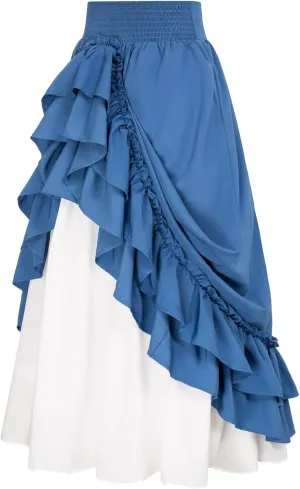 Renaissance Ruffle Skirts for Women Double Layered High Waisted Midi Skirts Elastic Tiered Goth Maxi Skirt