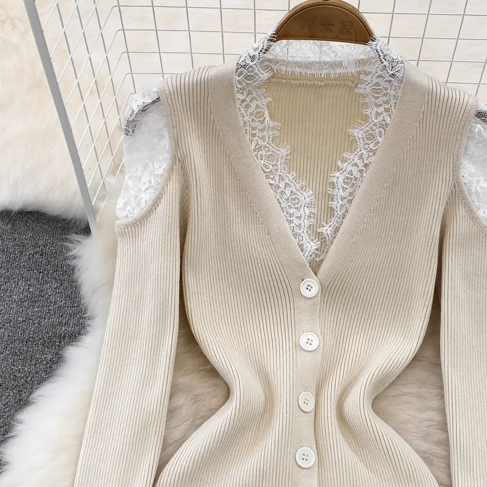 Retro V-neck Lace Knitted Dress Autumn and Winter Sweater Dress 1778