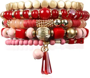RIAH FASHION Bohemian Mix Bead Multi Layer Versatile Statement Bracelets - Stackable Beaded Strand Stretch Bangles Sparkly Crystal, Tassel Charm