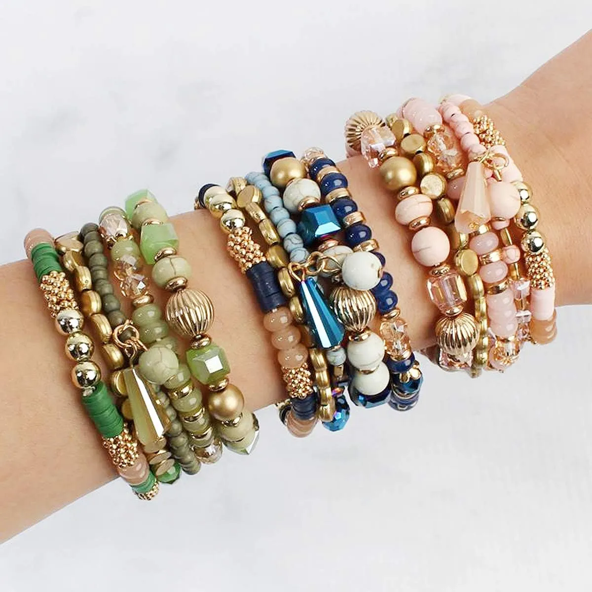 RIAH FASHION Bohemian Mix Bead Multi Layer Versatile Statement Bracelets - Stackable Beaded Strand Stretch Bangles Sparkly Crystal, Tassel Charm