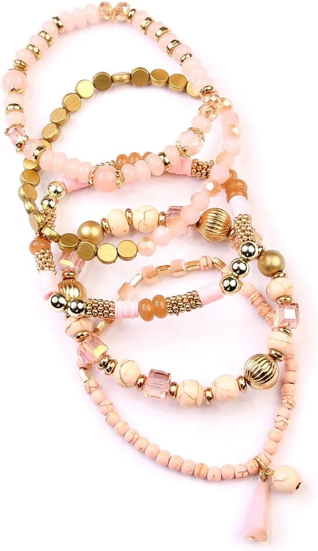 RIAH FASHION Bohemian Mix Bead Multi Layer Versatile Statement Bracelets - Stackable Beaded Strand Stretch Bangles Sparkly Crystal, Tassel Charm
