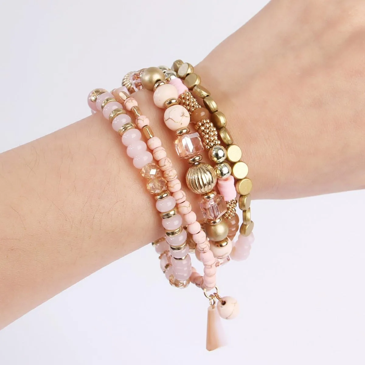 RIAH FASHION Bohemian Mix Bead Multi Layer Versatile Statement Bracelets - Stackable Beaded Strand Stretch Bangles Sparkly Crystal, Tassel Charm