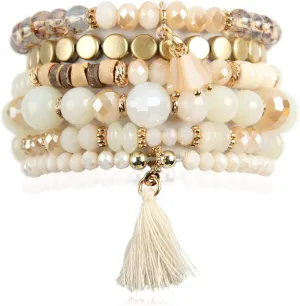 RIAH FASHION Multi Layer Versatile Statement Bracelets - Stackable Beaded Strand Stretch Bangles Sparkly Crystal, Wood Bead, Tassel Charm Pendant