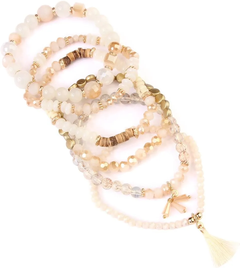 RIAH FASHION Multi Layer Versatile Statement Bracelets - Stackable Beaded Strand Stretch Bangles Sparkly Crystal, Wood Bead, Tassel Charm Pendant