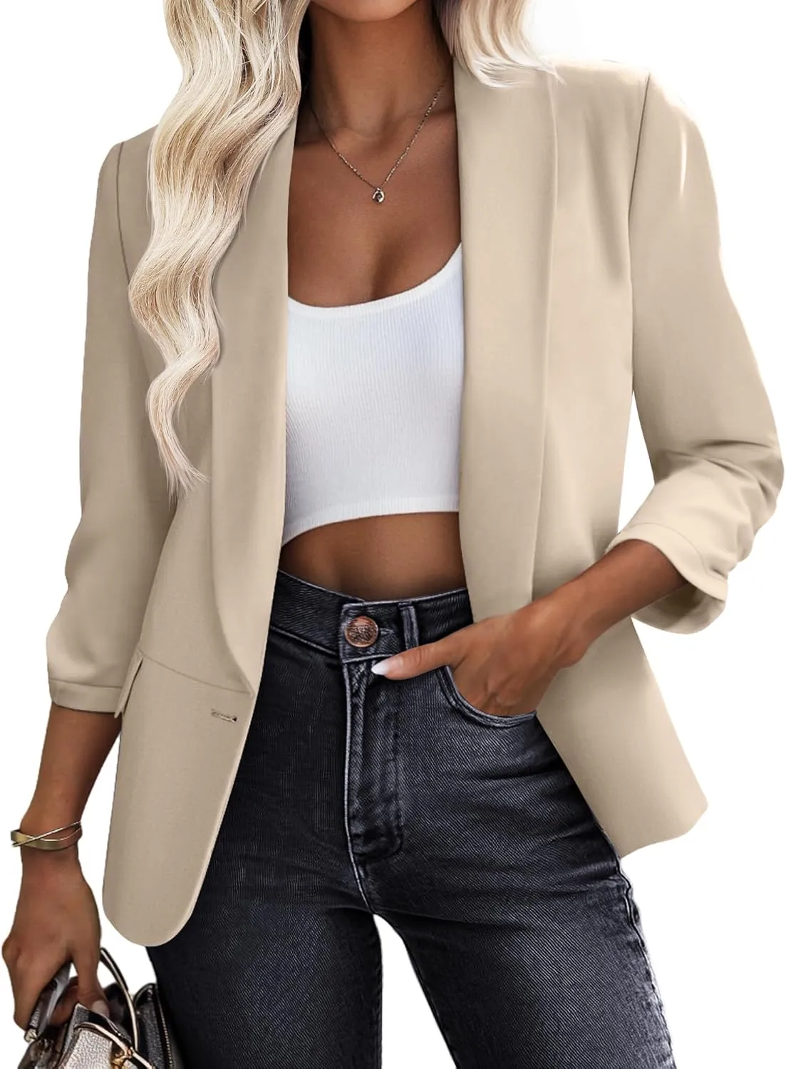 Riyiper Women's 3/4 Sleeve Blazer Open Front Blazer Jackets Casual Outfits Work Office Suit with Pockets