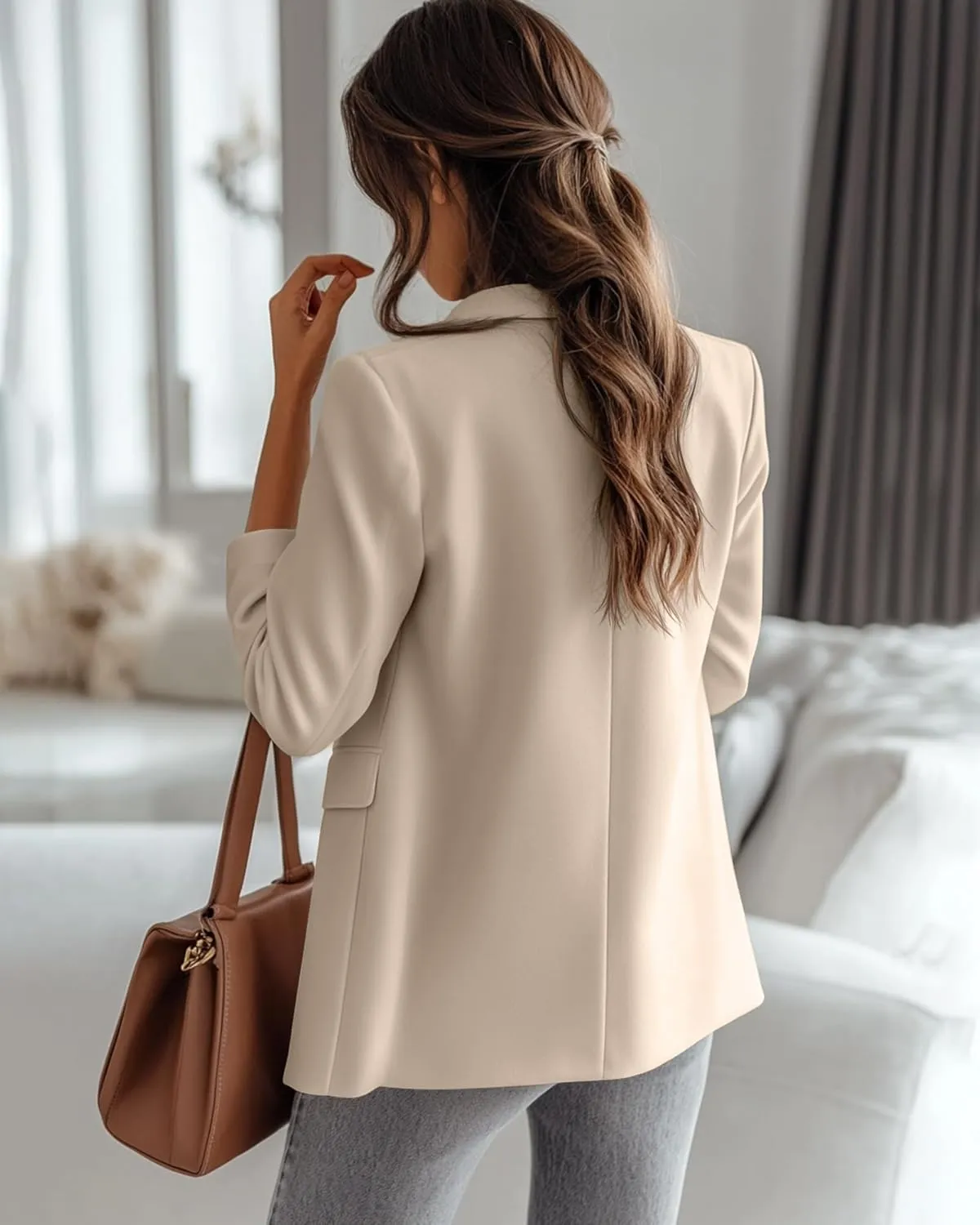 Riyiper Women's 3/4 Sleeve Blazer Open Front Blazer Jackets Casual Outfits Work Office Suit with Pockets