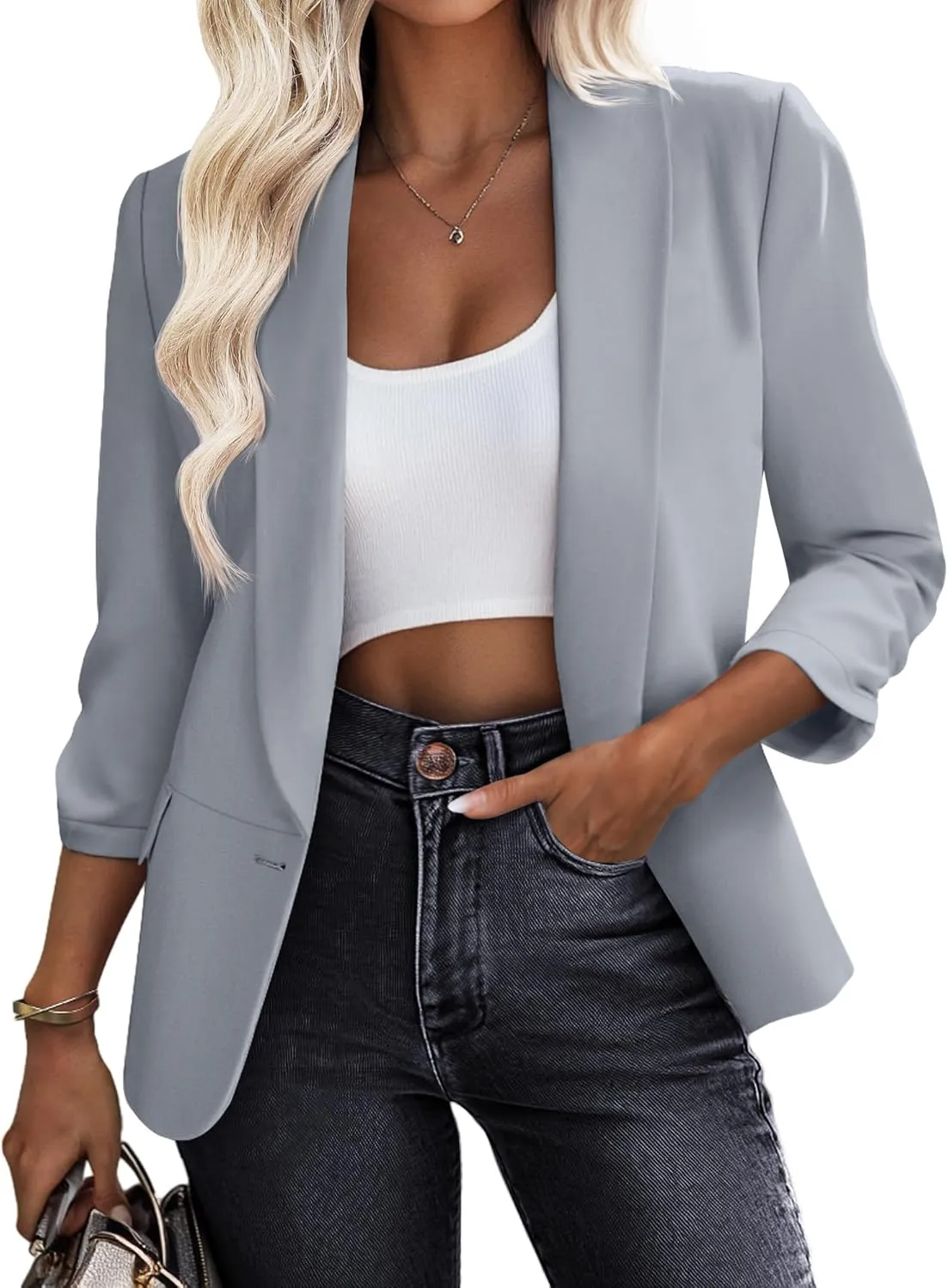 Riyiper Women's 3/4 Sleeve Blazer Open Front Blazer Jackets Casual Outfits Work Office Suit with Pockets