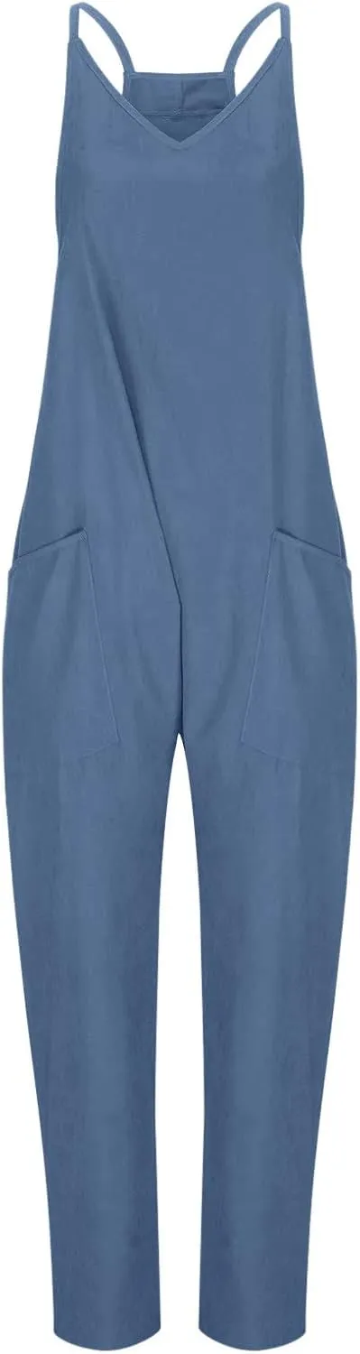 Rompers for Women Casual Summer Jumpsuits Oversized Sleeveless Loose Spaghetti Strap Harem Pants Overalls with Pocket