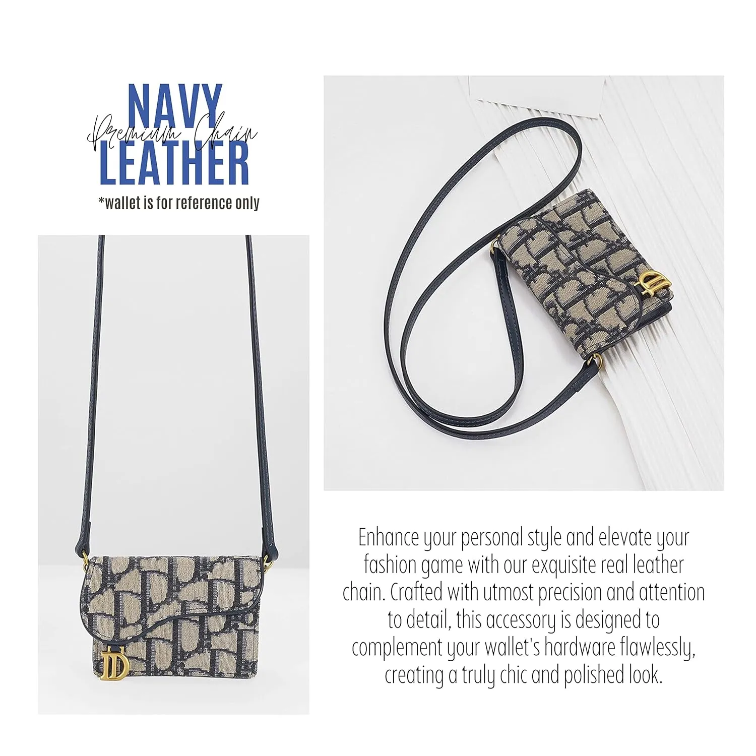Saddle Wallet Chain Insert, Long Saddle Wallet with Chain, Card Holder Conversion Kit Wallet on Chain, Credit Card Holder Insert Crossbody (90cm Old Gold Metal Chain, Navy)