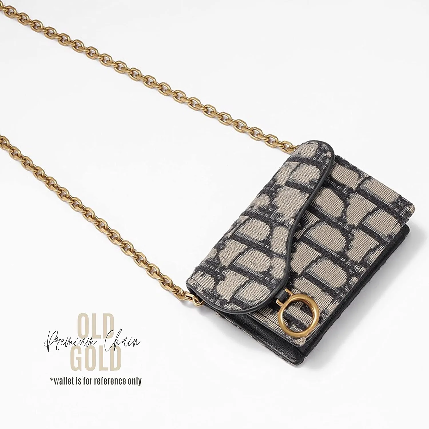 Saddle Wallet Chain Insert, Long Saddle Wallet with Chain, Card Holder Conversion Kit Wallet on Chain, Credit Card Holder Insert Crossbody (90cm Old Gold Metal Chain, Navy)