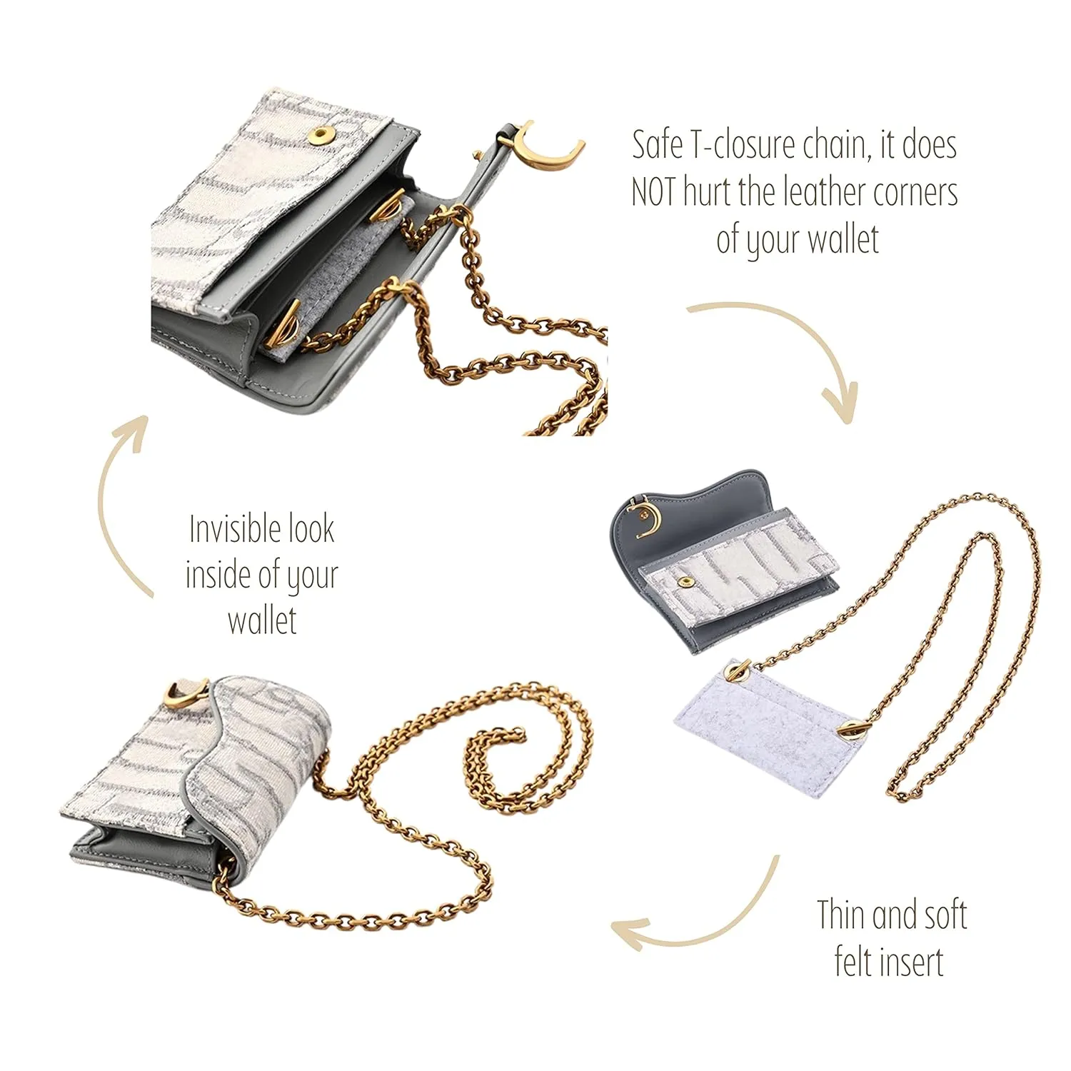 Saddle Wallet Chain Insert, Long Saddle Wallet with Chain, Card Holder Conversion Kit Wallet on Chain, Credit Card Holder Insert Crossbody (90cm Old Gold Metal Chain, Navy)
