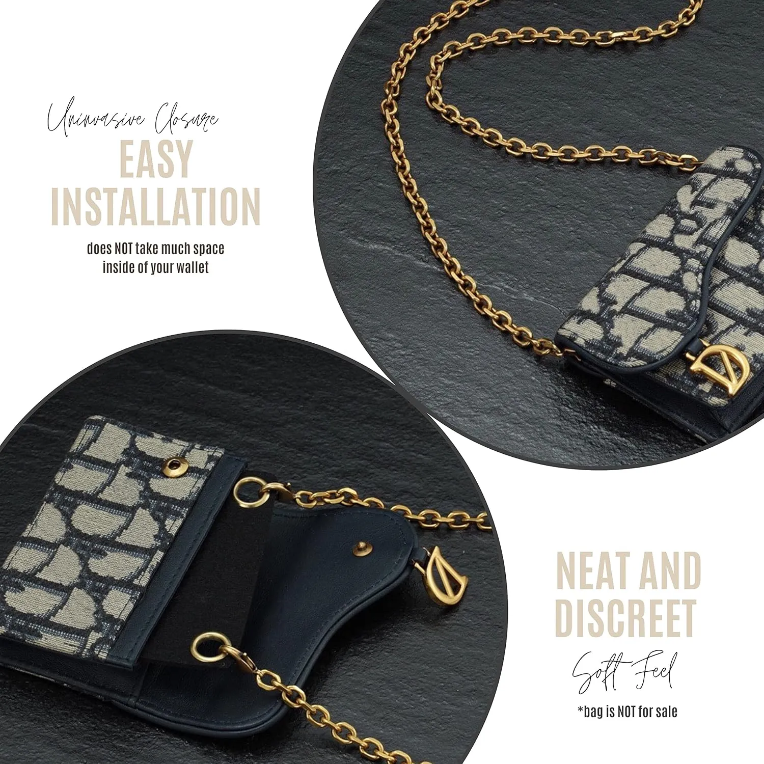 Saddle Wallet Chain Insert, Long Saddle Wallet with Chain, Card Holder Conversion Kit Wallet on Chain, Credit Card Holder Insert Crossbody (90cm Old Gold Metal Chain, Navy)
