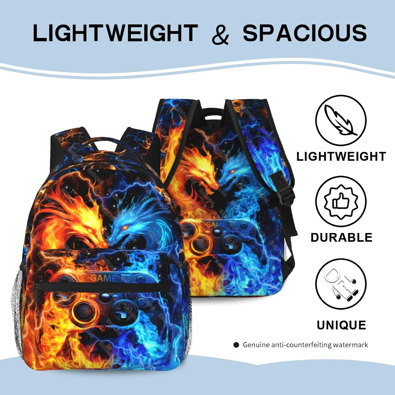 School Backpack for Boys Dragon Gamer Boys Backpack for Kids Children Elementary Middle School Video Game Bookbag Backpacks for 6-18 Waterproof Lightweight 17 Inches Travel Back Pack