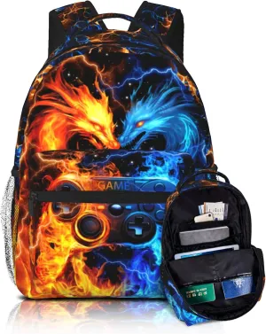 School Backpack for Boys Dragon Gamer Boys Backpack for Kids Children Elementary Middle School Video Game Bookbag Backpacks for 6-18 Waterproof Lightweight 17 Inches Travel Back Pack