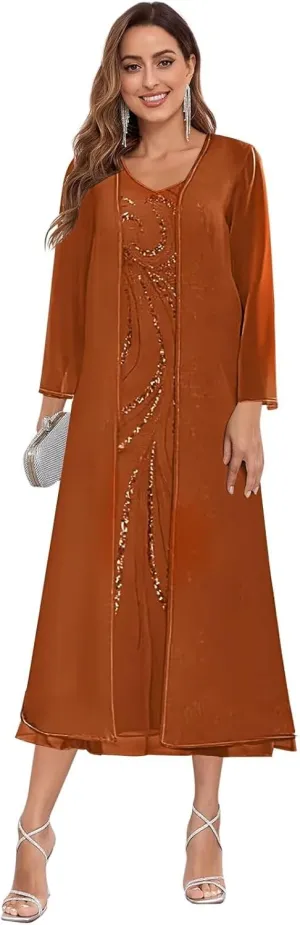 Sequin Chiffon Mother of The Bride Dresses with Jackets for Wedding Tea Length Dresses for Women Formal